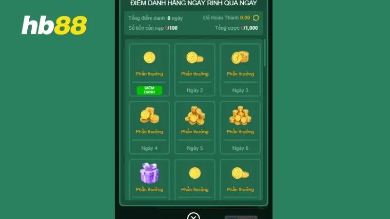 Điểm danh nhận quà - khuyến mãi tân thủ HB88 hấp dẫn